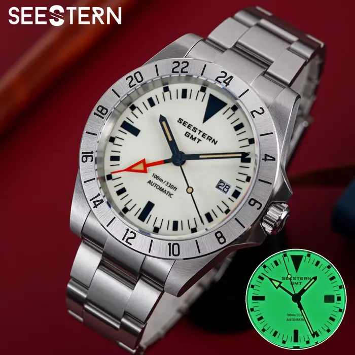 SEESTERN montre pour hommes GMT automatique NH34 mouvement saphir cristal mécanique montres lumineux réglage fin bouton de traction S436