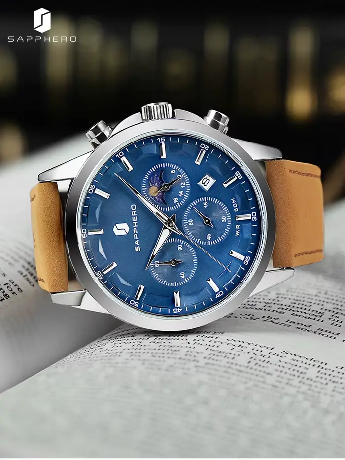 Montre homme Sapphero Sapphire Clock élégante résistante à l'eau bracelet cuir pour affaires voyage polyvalente
