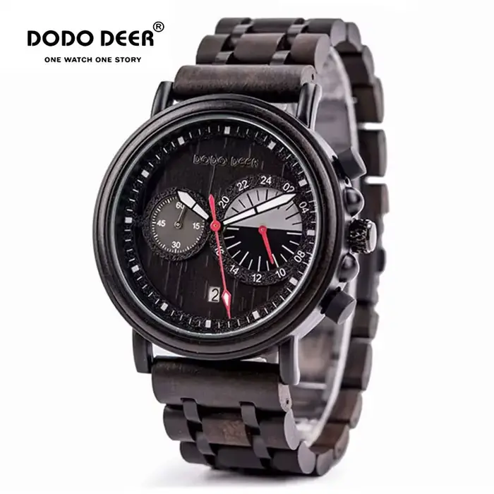 DODO DEER hommes montres en bois haut de gamme de luxe militaire en acier inoxydable chronographe montre-bracelet mâle affichage automatique de la Date cadeau des mariés