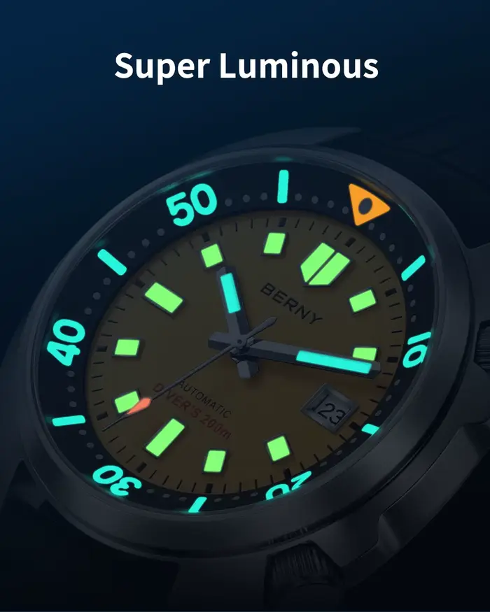 Montre de plongée BERNY AM1970M avec double couronne anti-collision, résistance à l'eau 20ATM, mouvement automatique Miyota 8215, bracelet fluoroélastomère, verre saphir super lumineux pour homme occasions spéciales