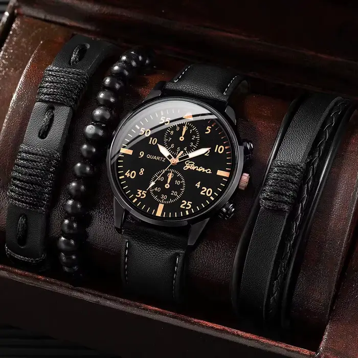 Montre à quartz analogique avec bracelet en cuir tissé pour homme, ensemble de bracelets, mode, affa
