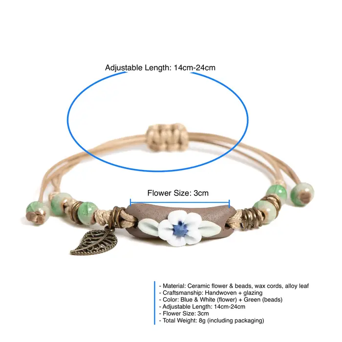Bracelet fleur en céramique bleu et blanc réglable 14-24cm