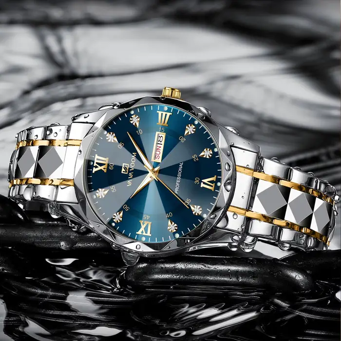 Montre de luxe en acier inoxydable avec diamants pour homme style affaires résistante à l'eau et lumières nocturnes multifonctionnelle quartz or bronze café multicolore rose