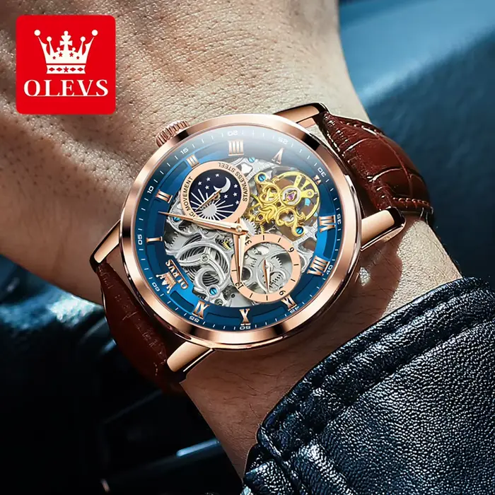 OLEVS hommes montres automatique mécanique montre Tourbillon Sport horloge en cuir décontracté affaires rétro montre-bracelet Relojes Hombre