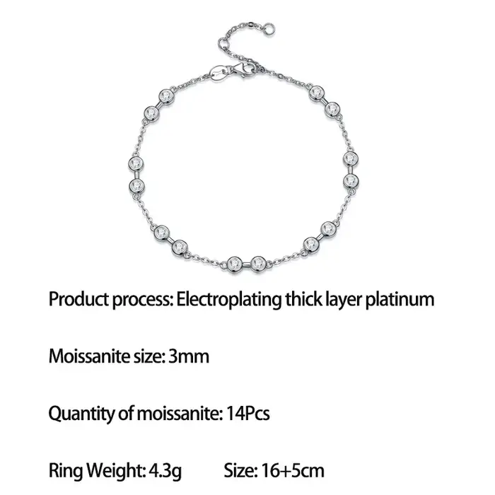 Bracelet en argent S925 LinkerLove avec moissanite pour femme, serti de diamants de 3 mm, bracelet f