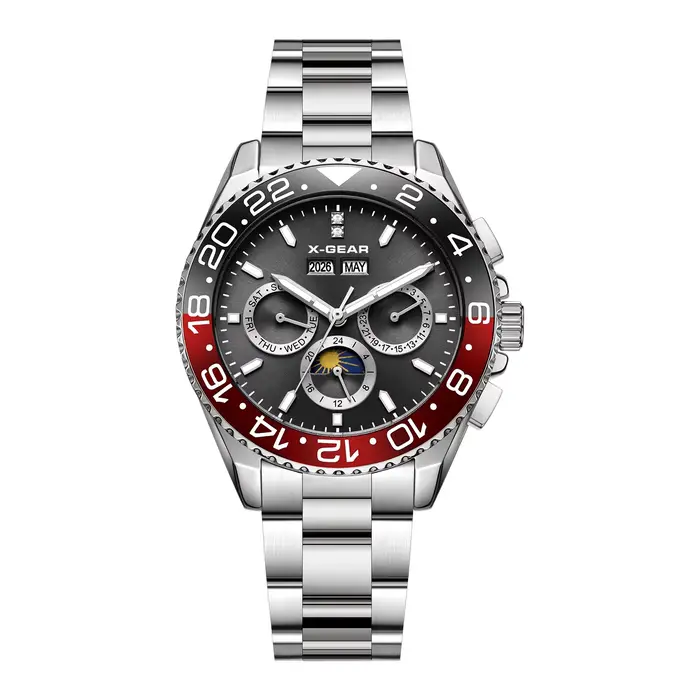 Montre automatique pour homme, chronographe, acier inoxydable, mécanique, avec affichage à six aigui