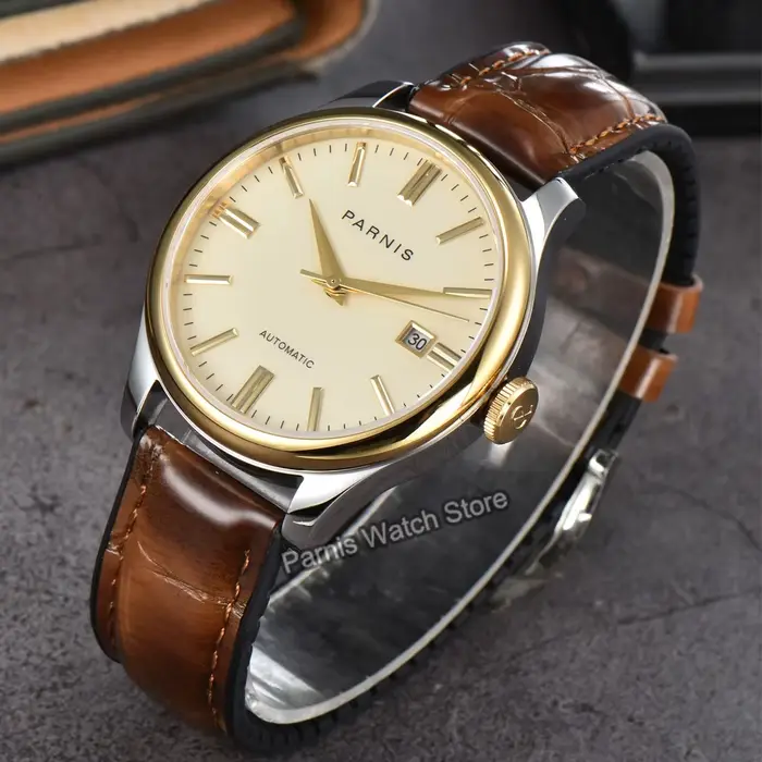 Montre Parnis Or Cadran Noir Automatique Hommes Occasions Spéciales Résistante À L'Eau Avec Boucle À Crochet
