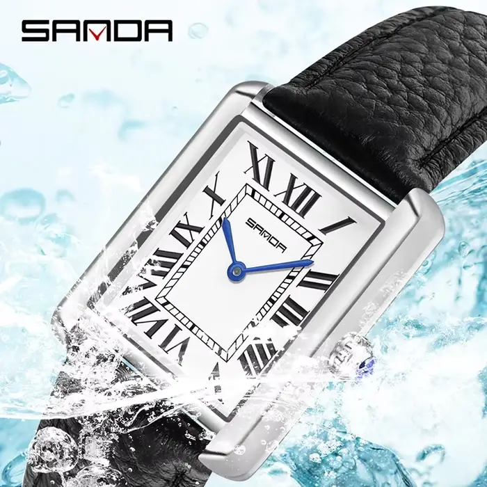 SANDA Couple réservoir montres résistant à l'usure bracelet en cuir de luxe cadran carré 30M étanche sport décontracté