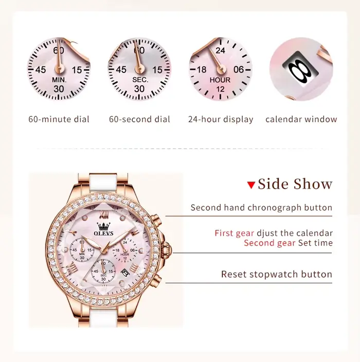 OLEVS 9999 femmes montre marque originale élégante étanche chronographe de luxe en céramique robe rose