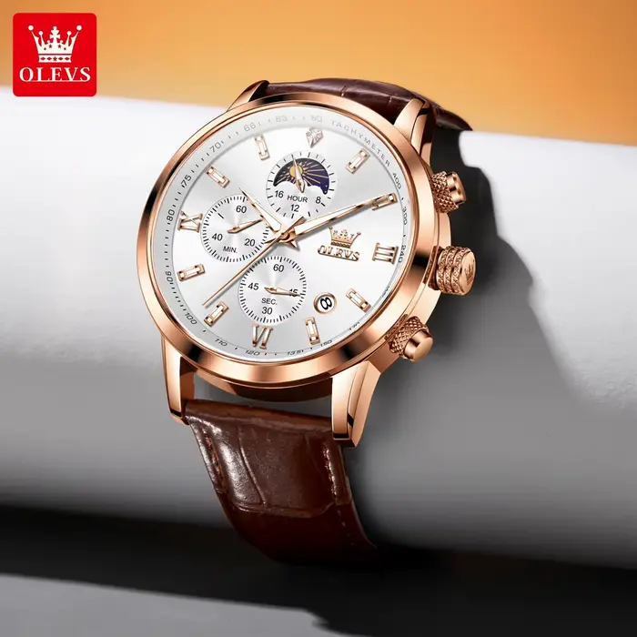 Original OLEVS 9812 marque montre en cuir pour hommes mode étanche lumineux multifonction chronographe Quartz montre-bracelet homme nouveau