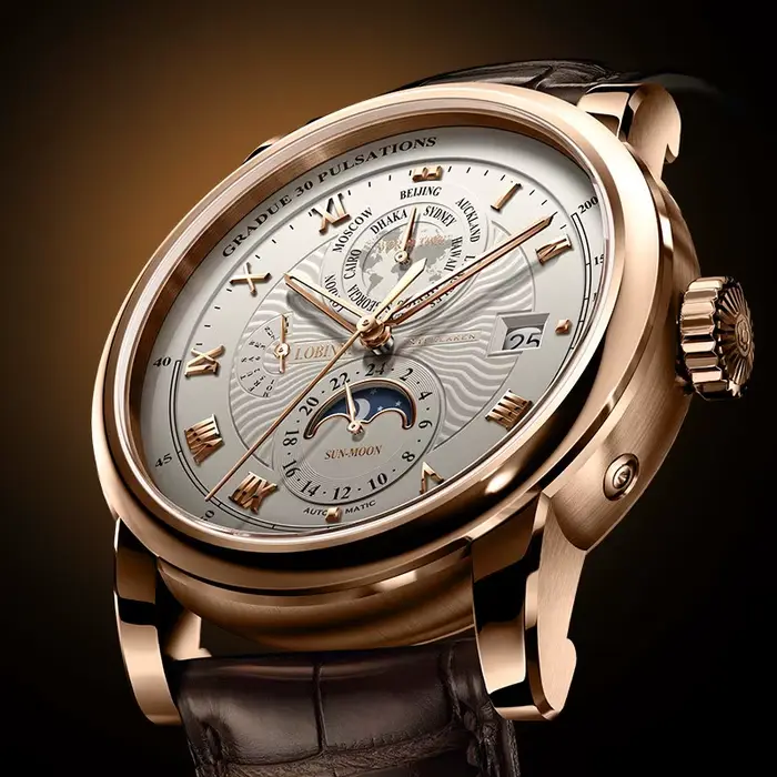 Montre mécanique LOBINNI Seagull ST16K3-3A homme automatique avec fonction heure mondiale, affichage de la semaine, date, 24 heures, phase lunaire et résistance à l'eau 50M