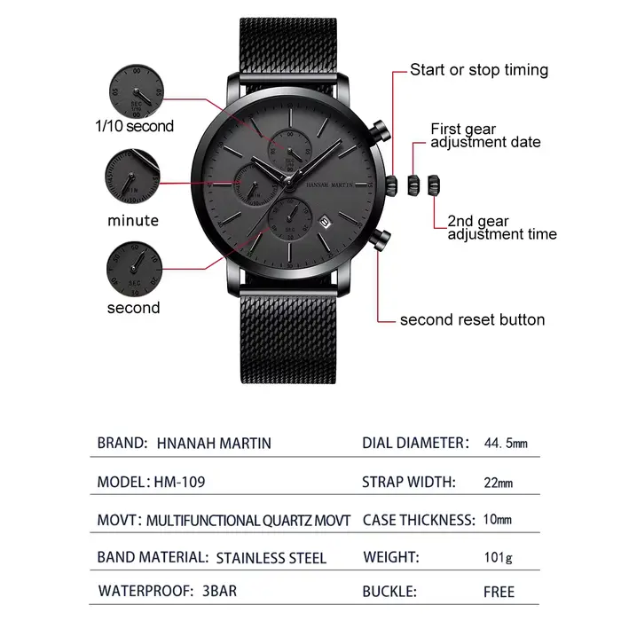 Montre Hannah Martin en acier inoxydable pour homme multifonctionnelle résistante à l'eau et aux chocs pour occasions sportives et urbaines