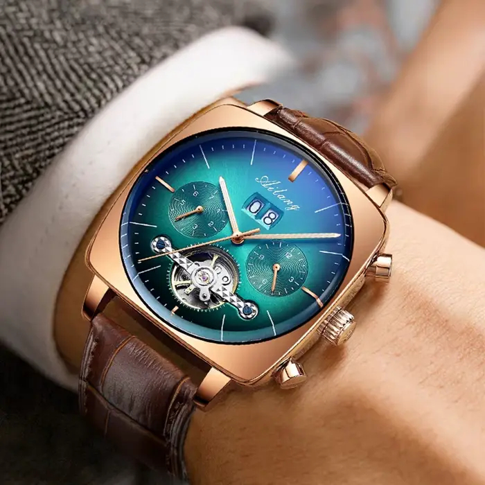 AILANG mode vert grand cadran carré montre mécanique pour hommes bracelet en cuir étanche Tourbillon montres