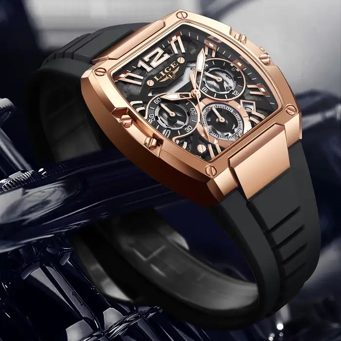 2025 LIGE nouvelle montre pour hommes chronographe Quartz Tonneau cadran doré sport horloge décontracté mode bracelet