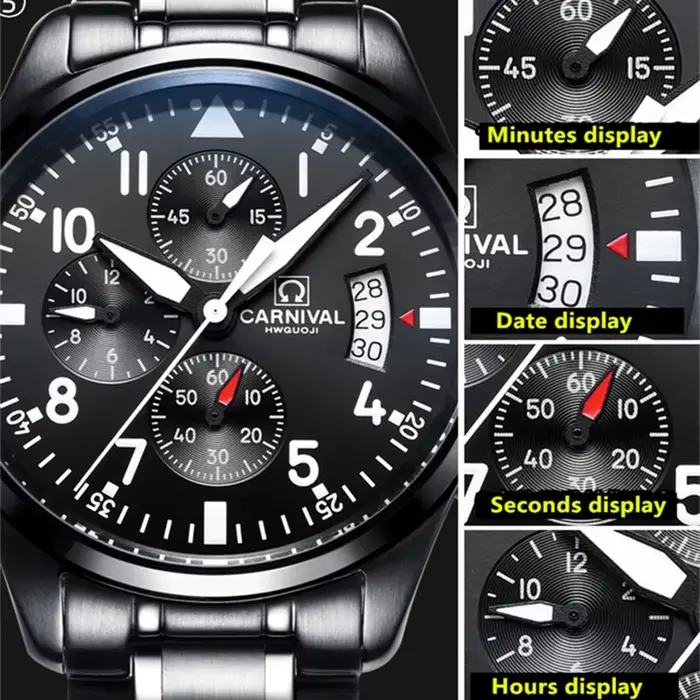 Chronographe Carnaval Montre Homme Luxe Quartz Plongeur Résistant à l'Eau Occasions Spéciales