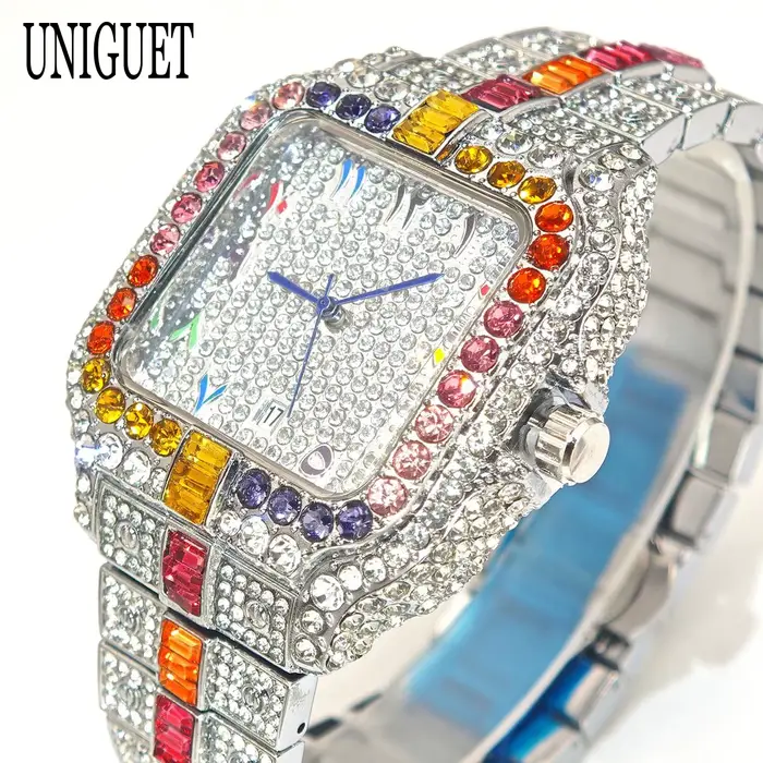 Montre UNIGUET Rainbow Diamond acier inoxydable carrée avec marqueurs de chiffres arabes pour hommes styles hip-hop occasions spéciales