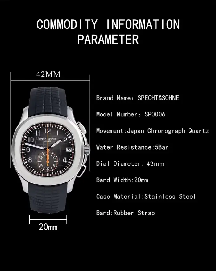 Montre homme à quartz Specht & Sohne chronographe sport résistante à l'eau en caoutchouc pour occasions spéciales