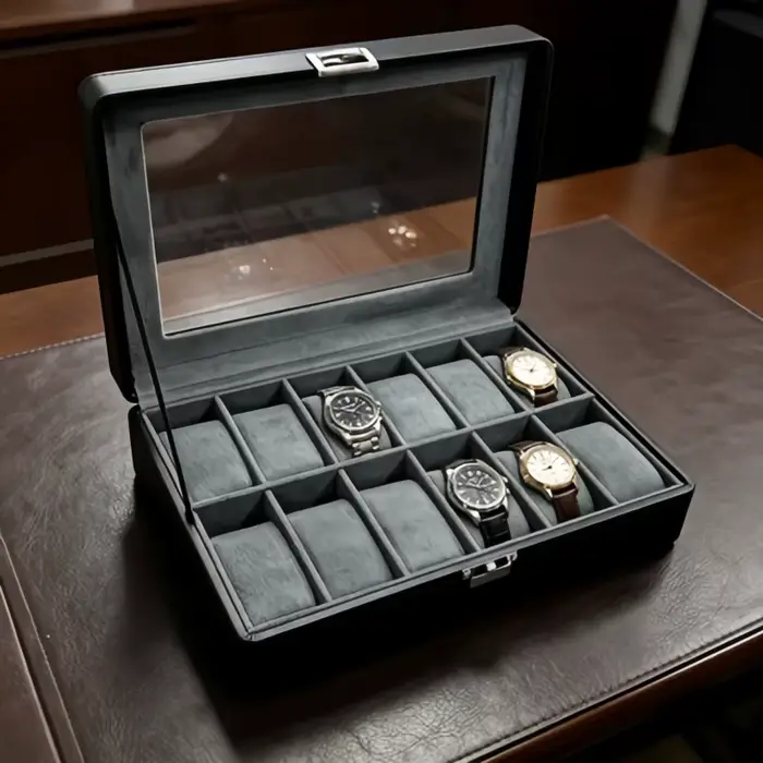 Boîte à montres en simili cuir de luxe à 12 emplacements avec serrure ensemble de 4 présentoirs à montres haut de gamme coffret à bijoux pour bracelets pour hommes occasions spéciales cadeau anniversaire fête des pères collectionneurs montres