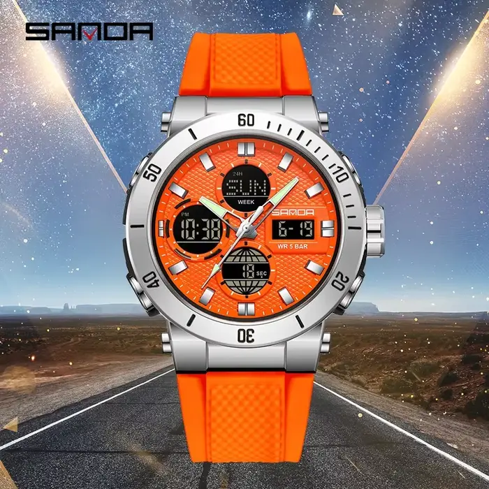 SANDA Chic Sport montre pour hommes Orange bracelet confortable luxe étanche chronographe Quartz montres numérique Date semaine horloge