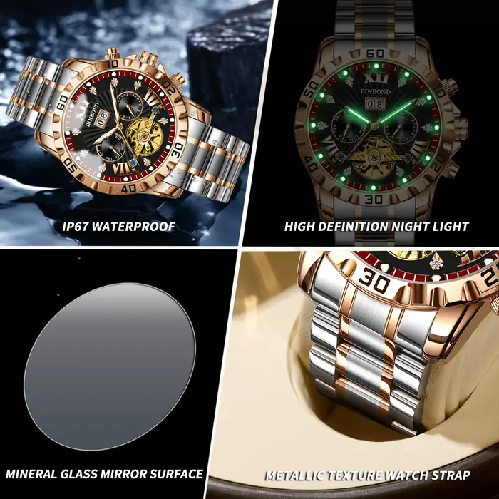 BINBOND mode montre mécanique automatique pour hommes de luxe Tourbillon squelette montre-bracelet en acier inoxydable