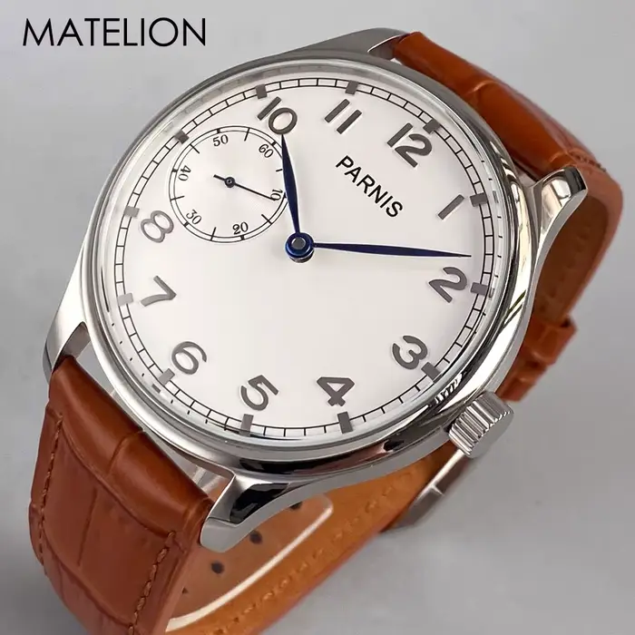 Montre rétro Tandorio avec mouvement manuel pour hommes, boîtier en acier inoxydable, bracelet en cuir pour occasions spéciales et tous les jours