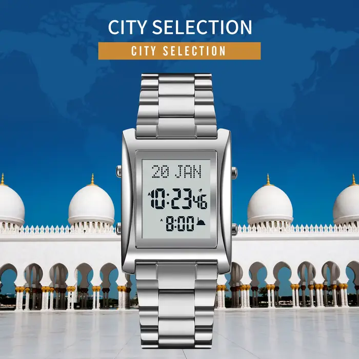 Montre Azan avec boussole Qibla et calendrier Hijri pour homme, montre numérique résistante à l'eau avec fonctionnalités de prière et suivi lunaire