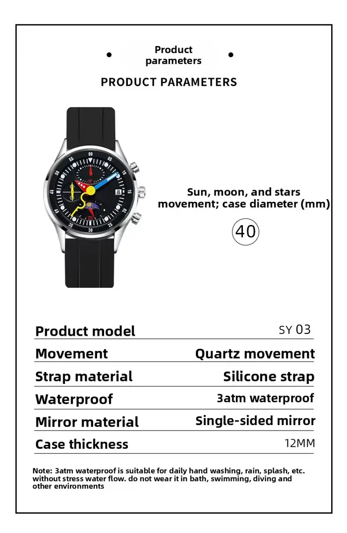 Montre multifonctionnelle homme phases de lune lumineuses design pointeurs unique et intéressant création calendrier étudiant horloge originale