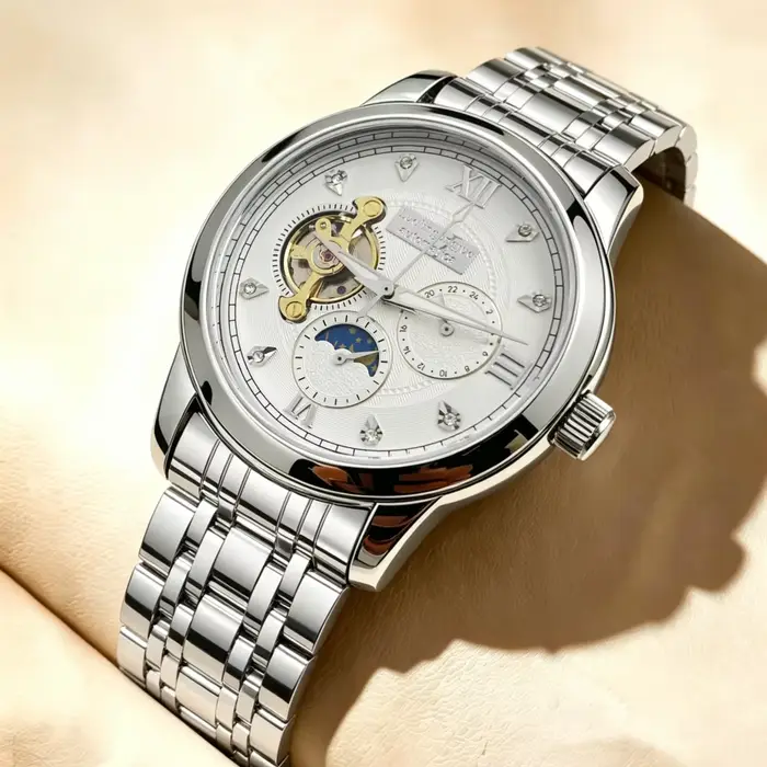 Nouvelle montre mécanique automatique pour homme, design squelette avec affichage des phases lunaire