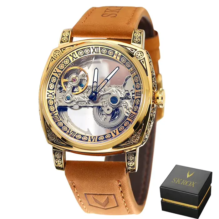 SKROX-Montre mécanique en or pour homme, montres-bracelets élégantes, modules creux, mouvement autom