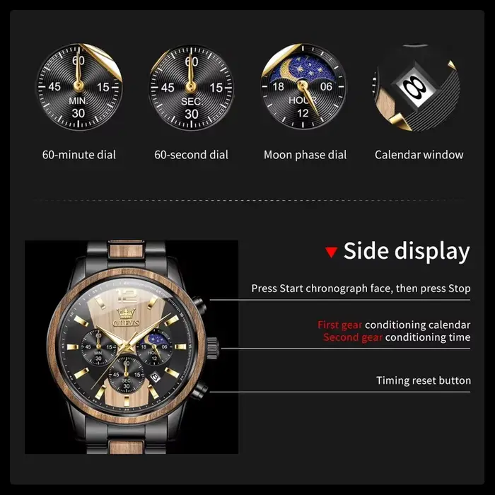 OLEVS 3645 hommes montre en bois de luxe veilleuse multifonctionnelle chronographe