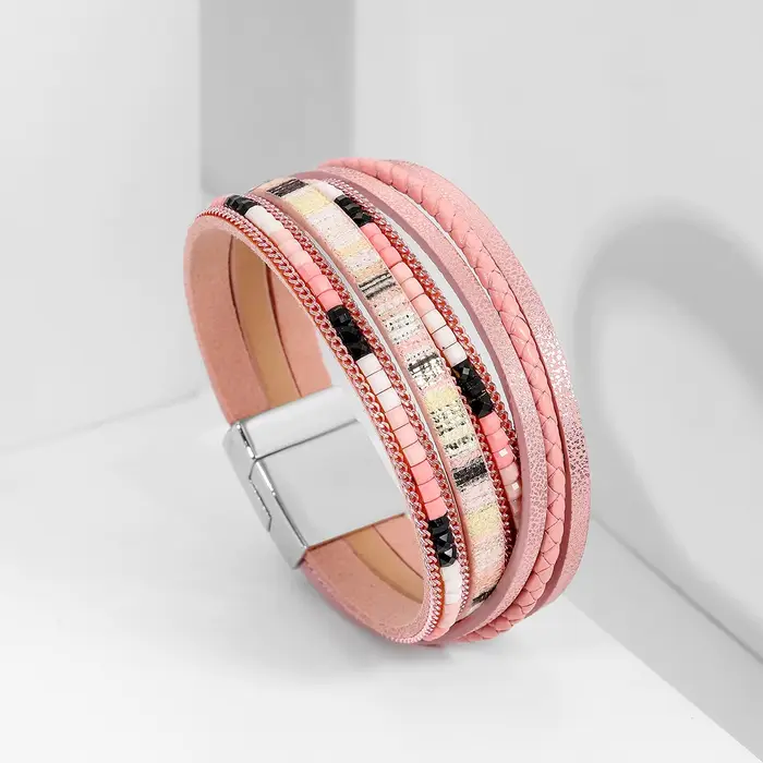 Bracelet en cuir multicouche confortable, style bohème, tissé à la main, en cuir PU, multicouche, po