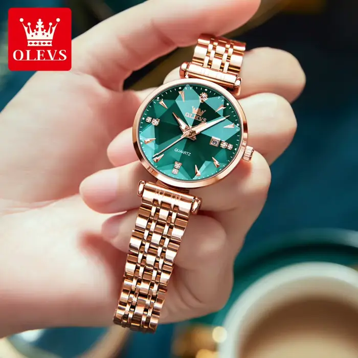 OLEVS 5536 femme montre à Quartz de luxe or Rose bracelet en acier losange verre dames montre-bracelet Date automatique