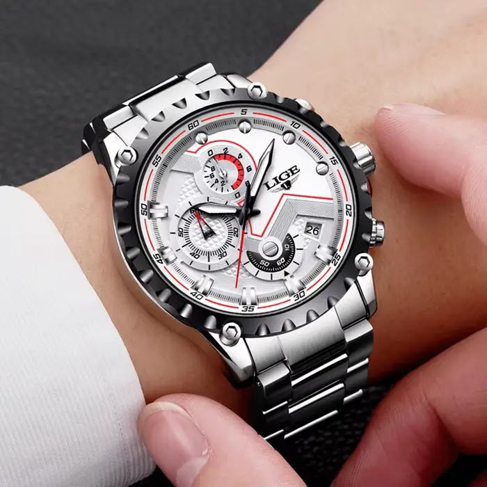 Montre LIGE en acier inoxydable avec fonction de chronomètre et résistance à l'eau pour homme, affaires, sport et occasions spéciales