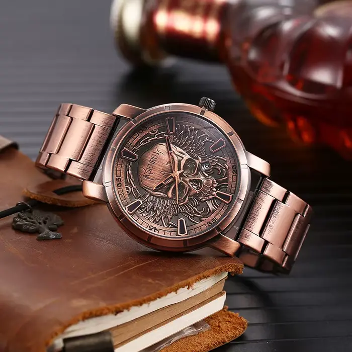 Montre Crâne Rétro Hommes Bracelet Luxe Acier Cuir Horloge Cadeau Occasions Spéciales