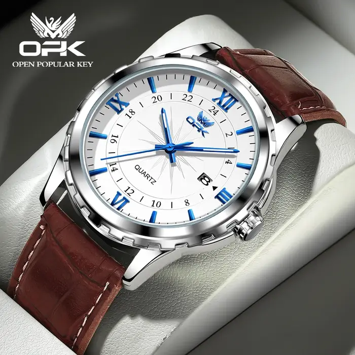 Montre à quartz pour hommes avec ceinture en acier de marque OPK à double calendrier 6003