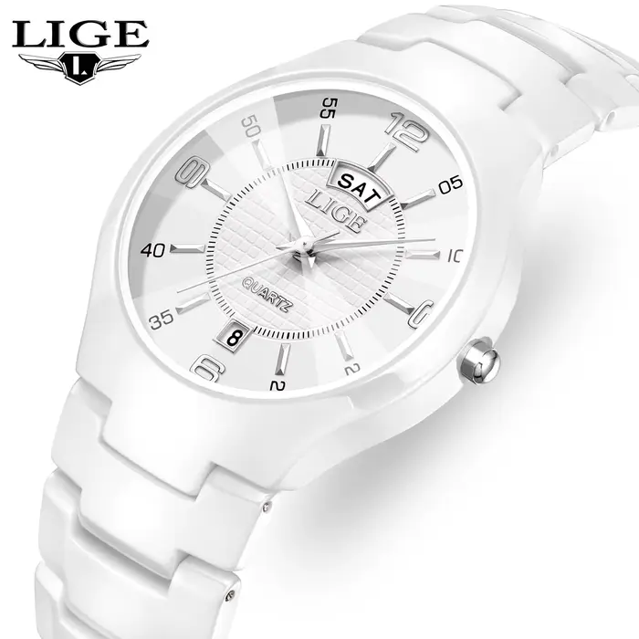Montre élégante en céramique pour femmes avec affichage de la semaine et résistance à l'eau pour toutes les occasions