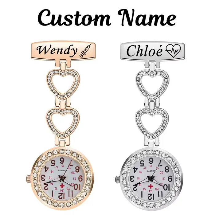 Personnalisé personnalisé gravé avec votre nom médecin horloge broche Zircon cristal Strass soins de santé coeur Fob infirmière montre