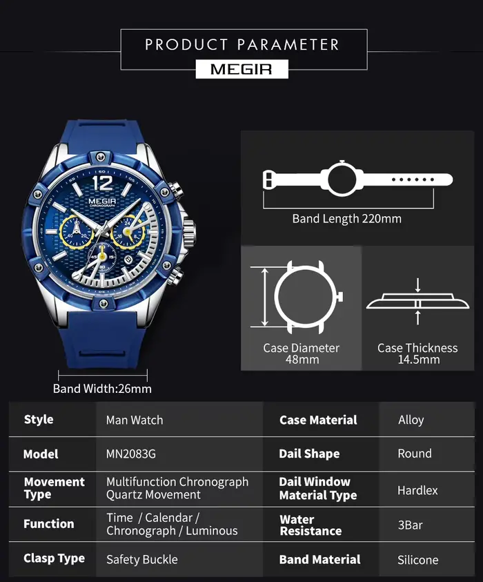 Montre homme MEGIR cadran bleu bracelet cuir résistante à l'eau pour affaires et occasions spéciales quartz élégante