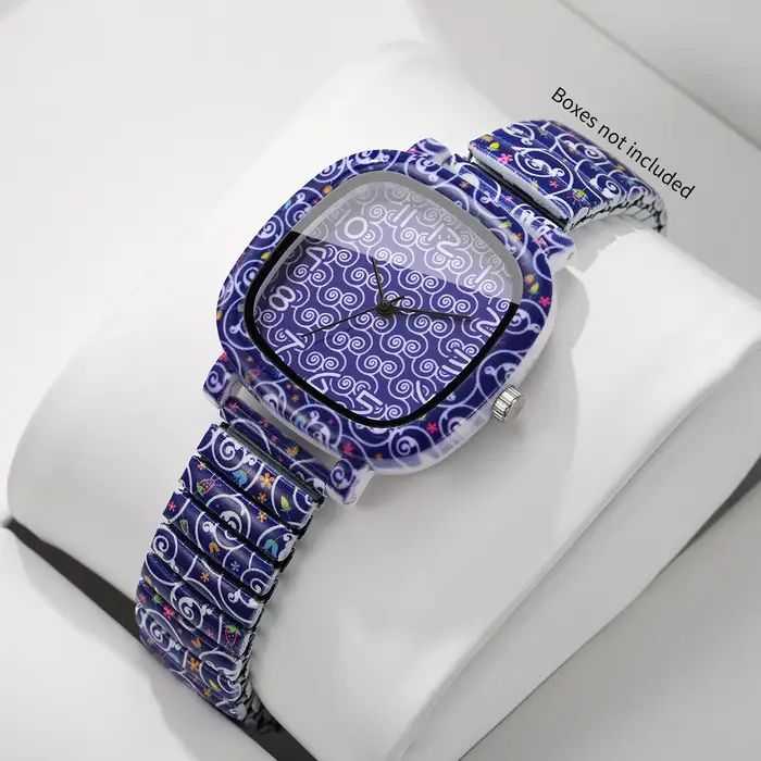 Montre à Quartz pour femmes, imprimé tourbillon bleu, cadran carré, bracelet élastique extensible, m