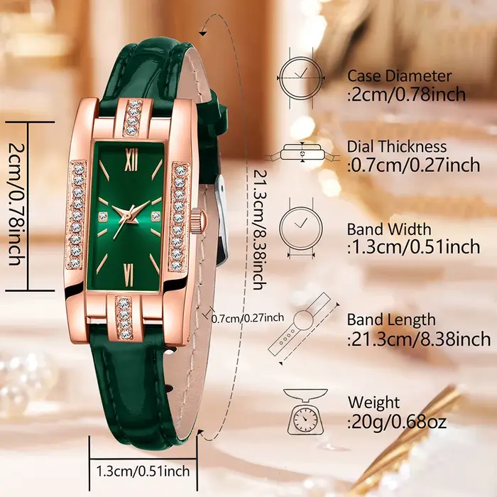 Montre rectangulaire pour femme avec bracelet en cuir incrusté de diamants en or rose