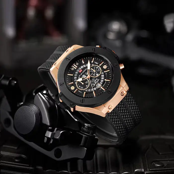 Montre de sport en Silicone noir pour hommes, main ajourée de 46mm, grand cadran, or Rose, Style mil