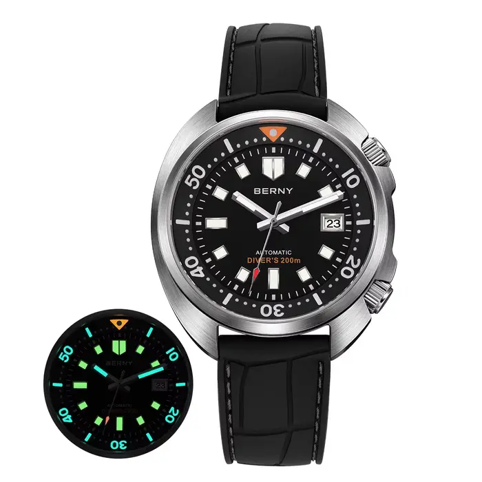 BERNY – montre de plongée automatique pour hommes, couronne anti-collision, double couronne, saphir 