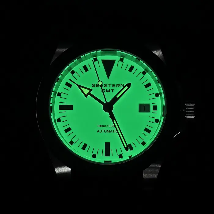 SEESTERN montre pour hommes GMT automatique NH34 mouvement saphir cristal mécanique montres lumineux réglage fin bouton de traction S436
