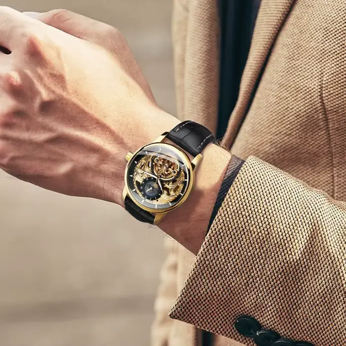 Montre de luxe T-WINNER avec tourbillon doré et bracelet en cuir pour hommes occassions formelles et informelles