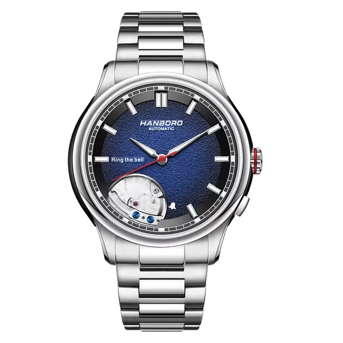 HANBORO – montre automatique pour hommes, 41.5mm, alarme, mécanique, anneau de cloche, étanche 5ATM,
