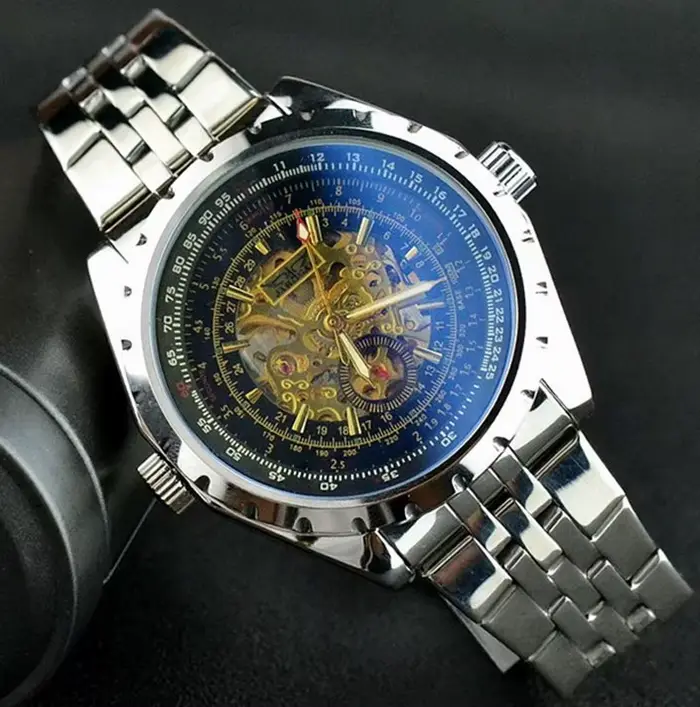 JARAGAR montres squelette doré hommes marque de luxe argent acier inoxydable Auto-vent montre mécanique Sport Relogio Masculino
