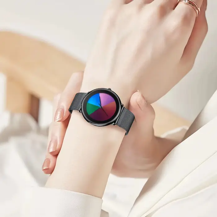 Montre Femme LIGE Nouvelle et Unique, Cadran Changeant de Couleur, Montre Femme Rayée, Montre Casual