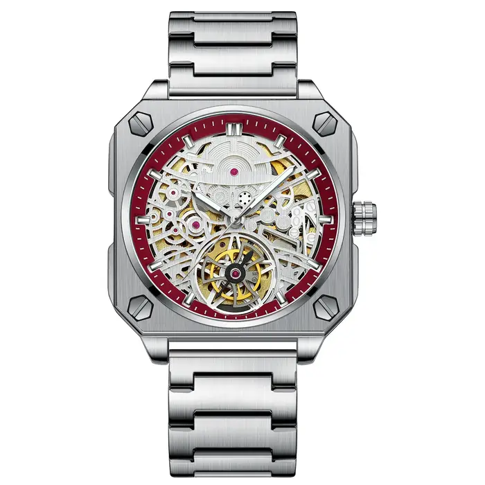 Montre mécanique squelette BLUO en acier inoxydable pour homme, résistante à l'eau et lumineuse, idéale pour les affaires et les soirées élégantes