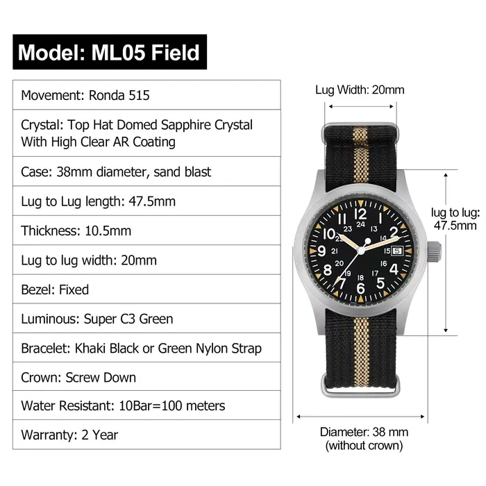 2025 Militado ML05 38mm montre pour hommes Ronda 515 mouvement à Quartz