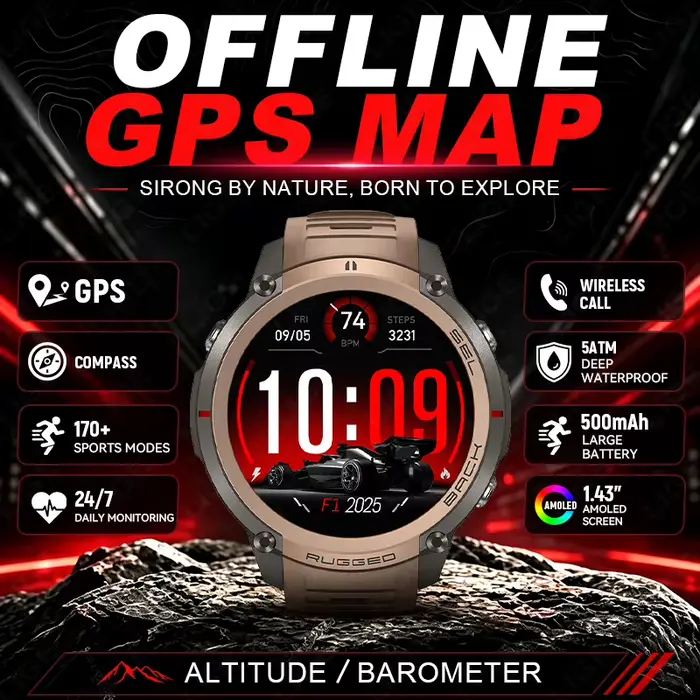 Montre connectée GPS 2026 avec boussole et suivi des activités pour homme, résistante à l'eau, pour les amoureux des sports extérieurs